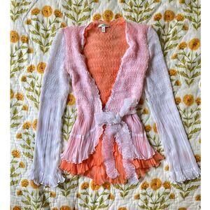 Caché Crepe White and Orange Crinkle Wrap Blouse with Bow Detail Y2K Size Small